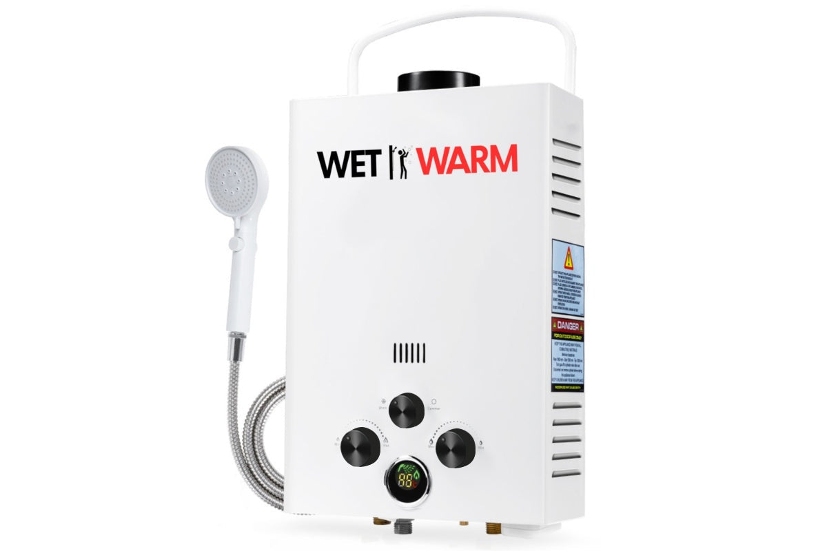 Gas water warmer 8L showing gas and water connectors