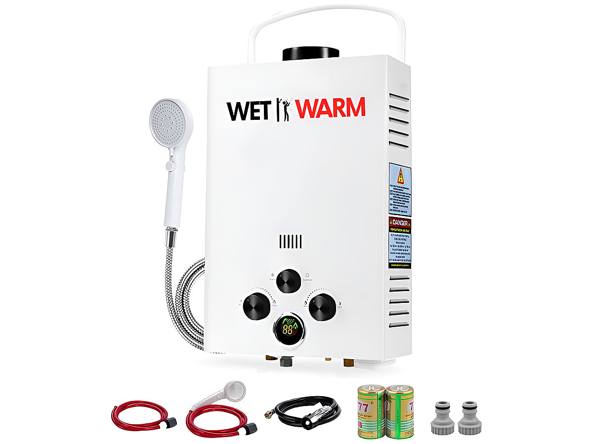 Gas water warmer 8L installed at campsite with hose connected