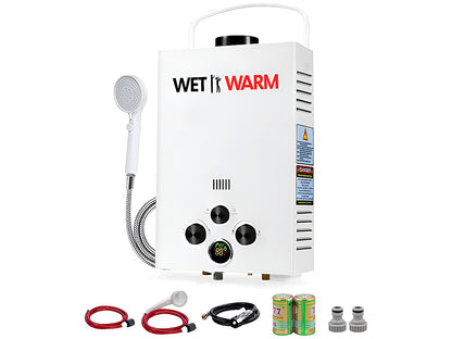 Gas water warmer 8L installed at campsite with hose connected
