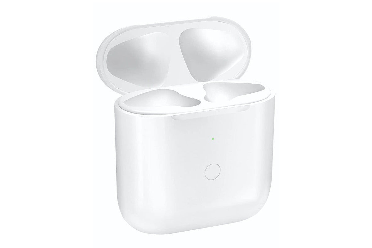 Close up of AirPods charging case showing sync button