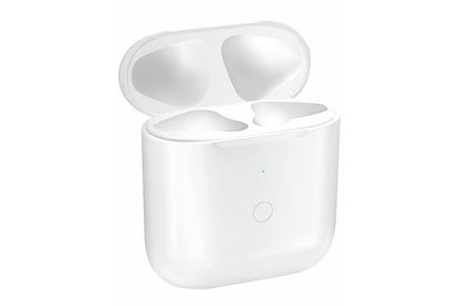 Close up of AirPods charging case showing sync button