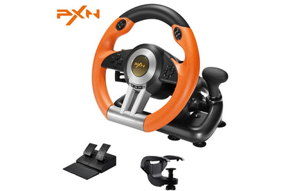 Close up of PS4 racing wheel with dual motor vibration feedback