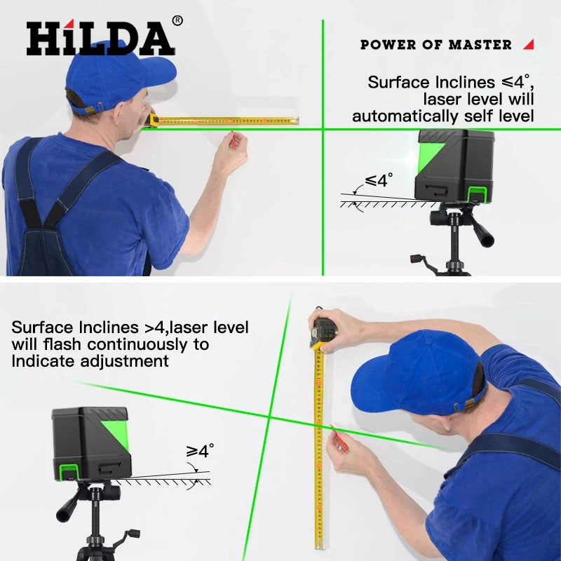 Green beam laser level held in hand for portability