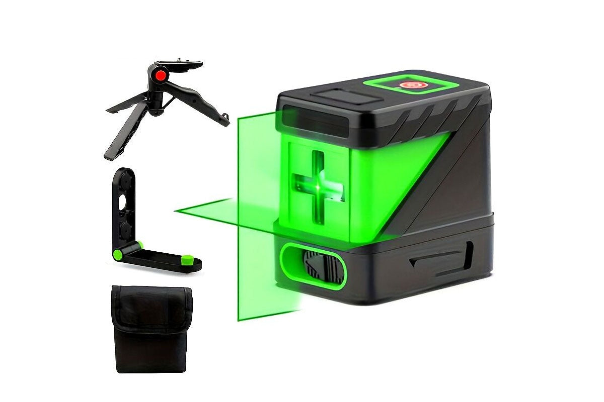 Close-up of laser level green vertical beam in use