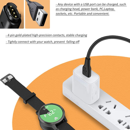 Black Garmin watch charging cable plugged into USB port