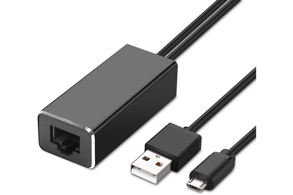 Ethernet Adapter connected to Fire TV Stick with cable visible