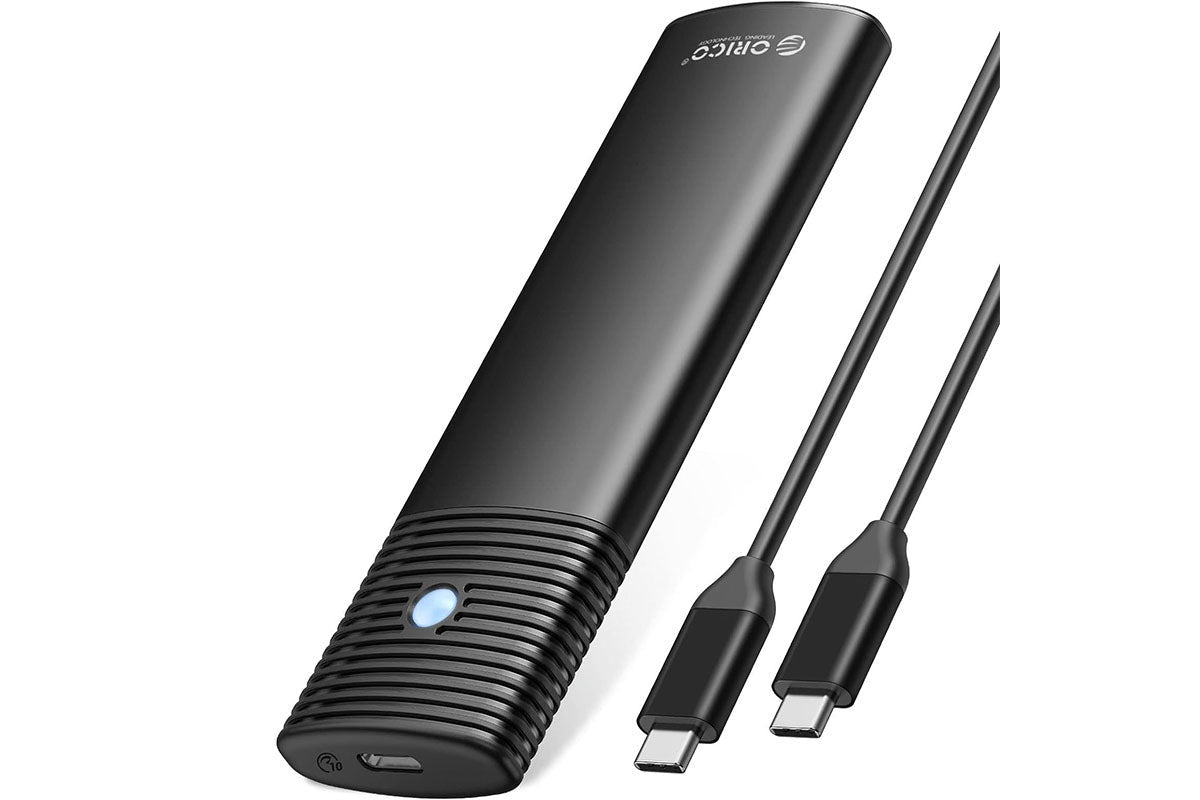 Side angle of M2 NVMe SSD enclosure showing USB C port