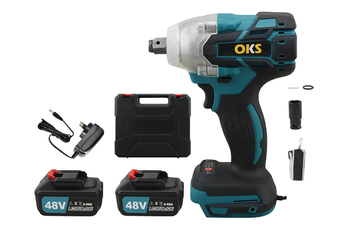 Side view of cordless impact driver with LED light on