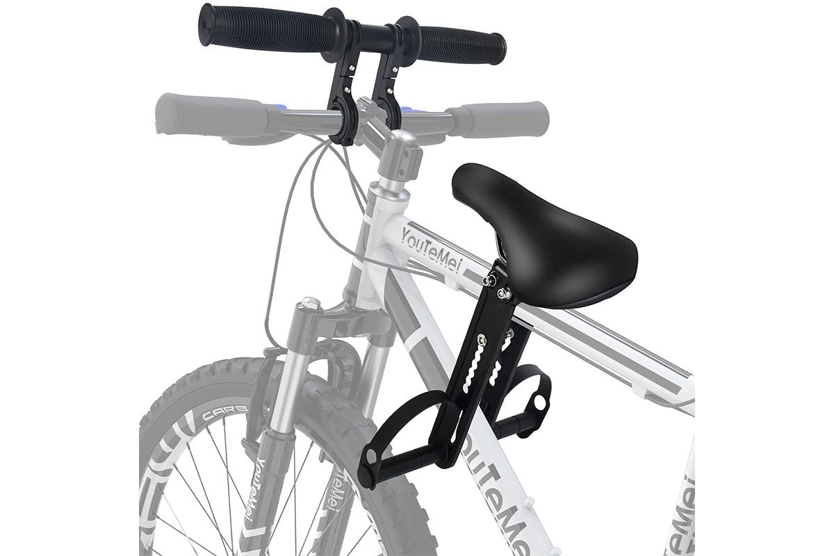 Side angle showing adjustable seat width on bike seat and handlebar pack