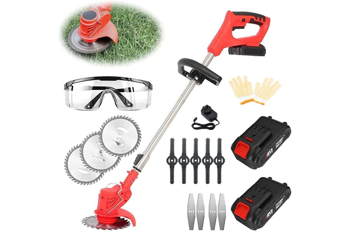 Close up of red plastic and alloy cordless garden trimmer blade