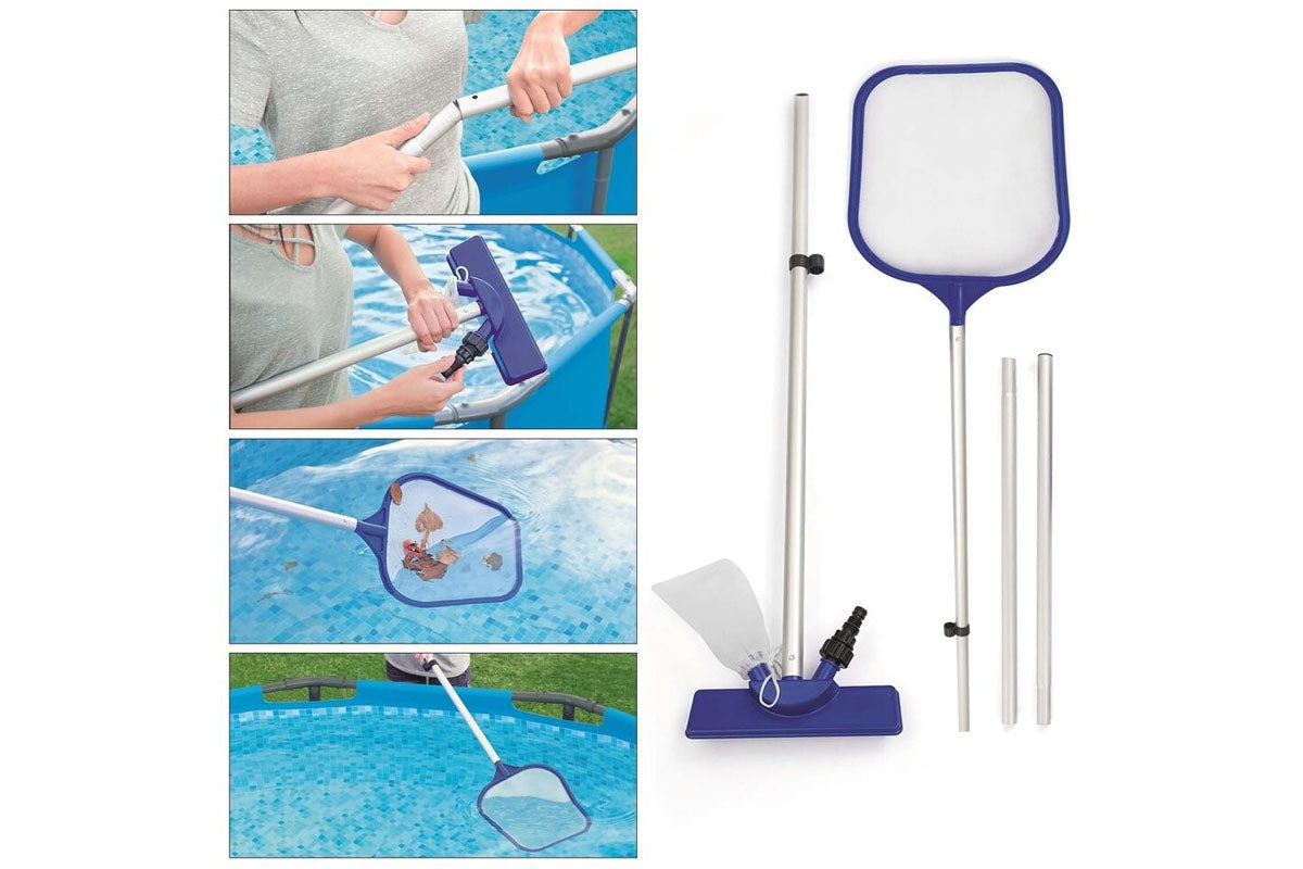 Side view of pool cleaning kit showing 203m aluminium pole