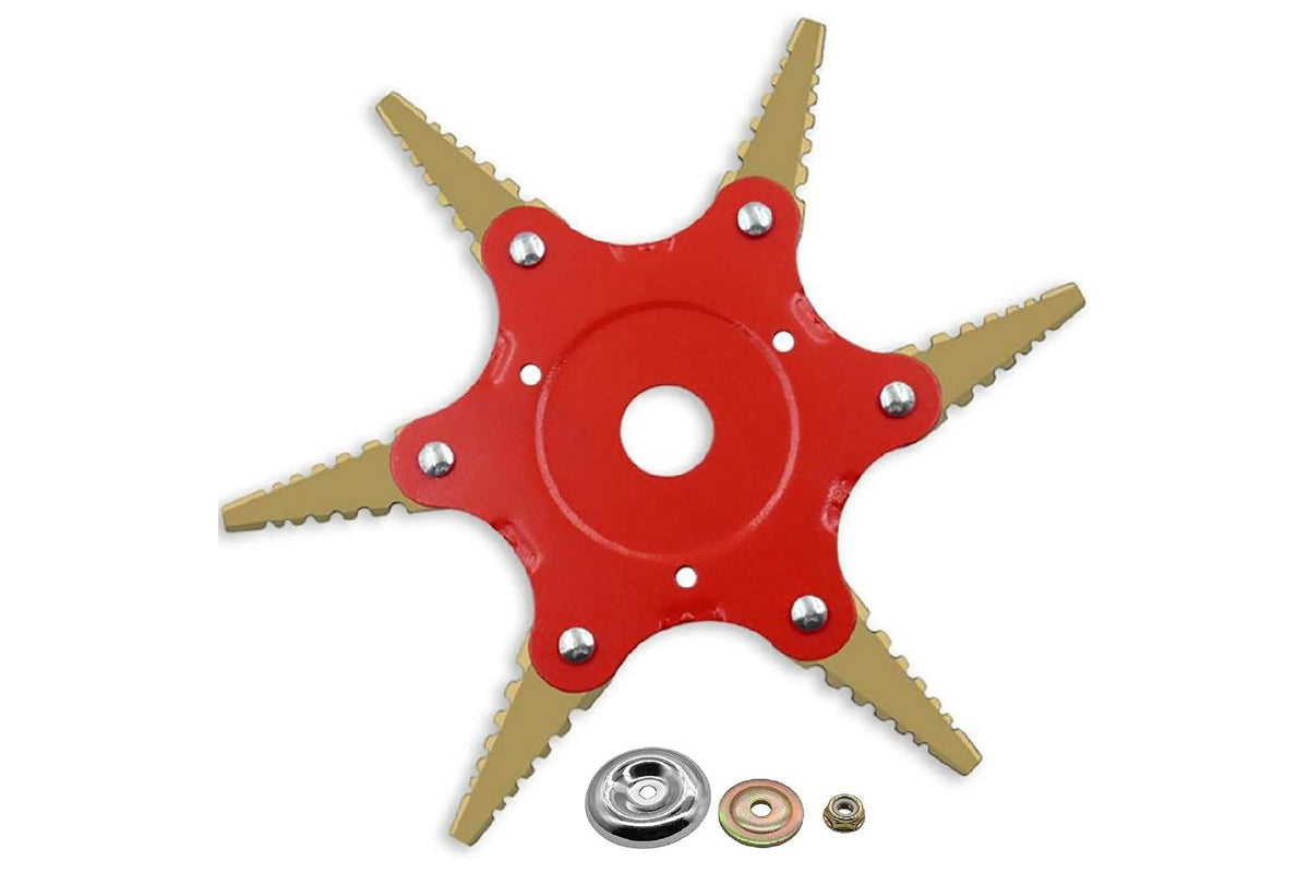 Close up of steel blades on line trimmer brushcutter head