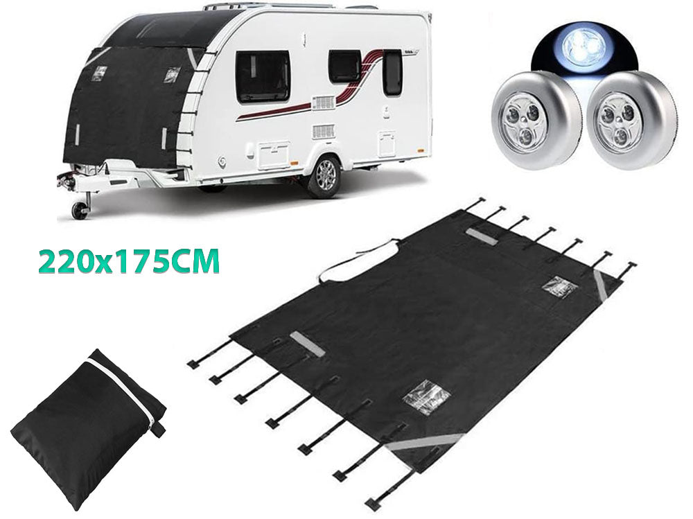 Black caravan front cover with reflective strips for night safety