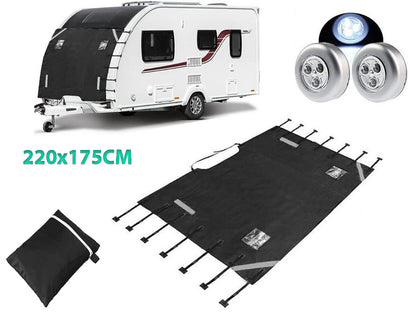 Black caravan front cover with reflective strips for night safety