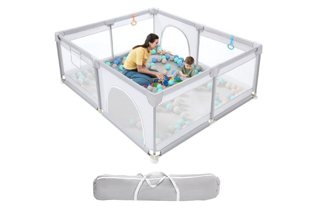 Close-up of metal frame on baby playpen fence gate