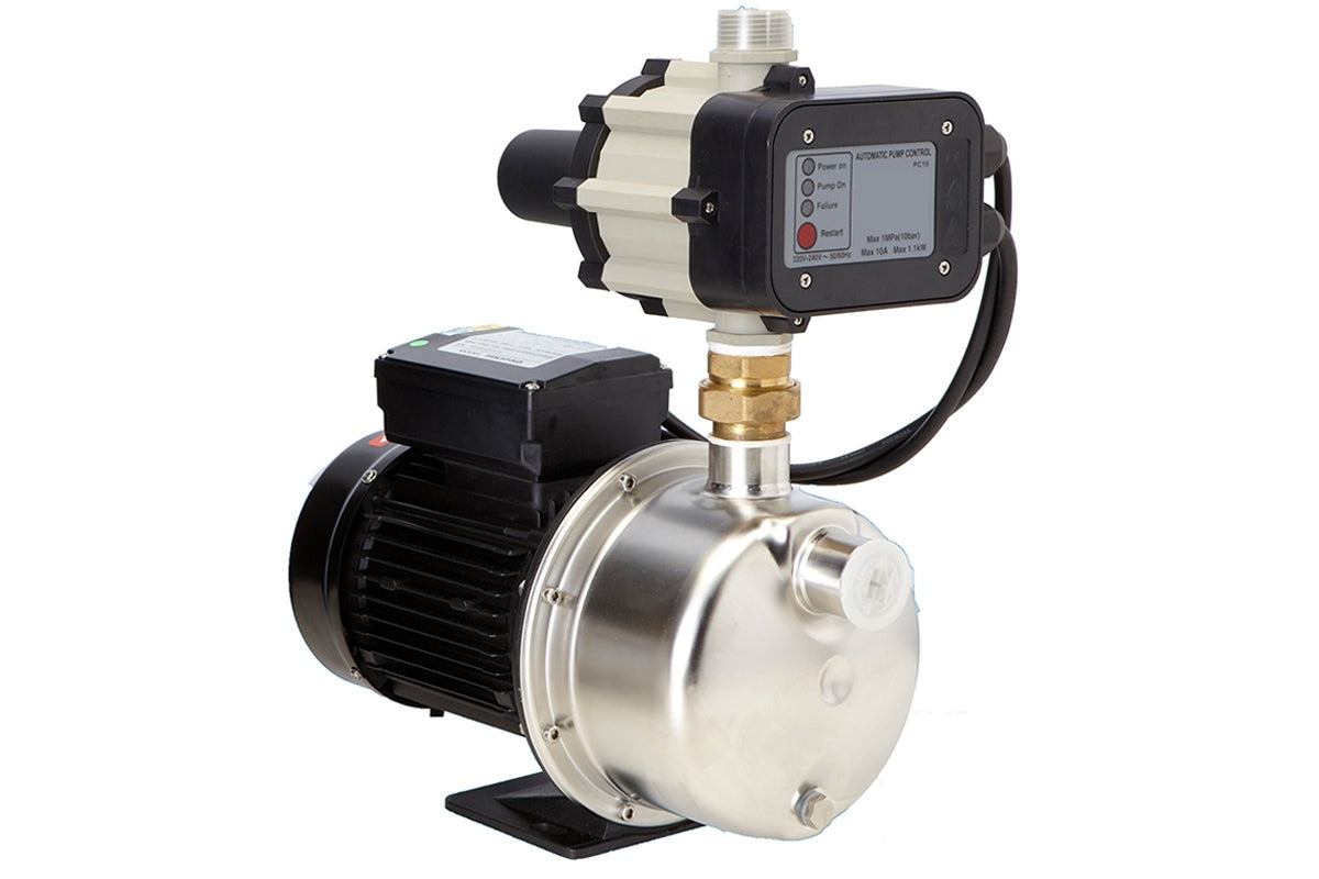 Side angle of domestic water pump with pressure gauge visible
