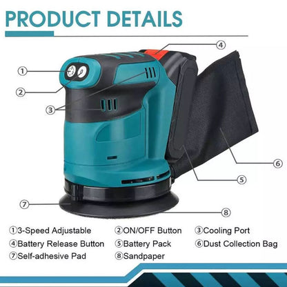 Orbital sander with dust bag attached for cleaner sanding