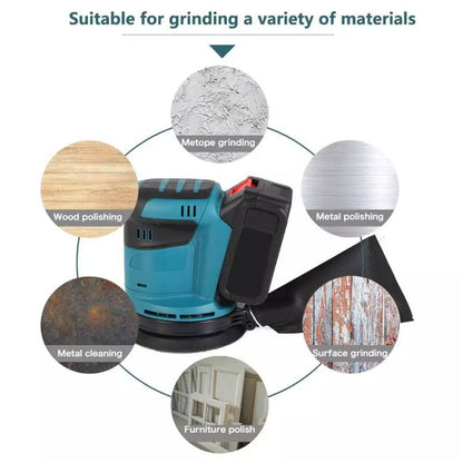 Orbital sander polishing wood surface in workshop