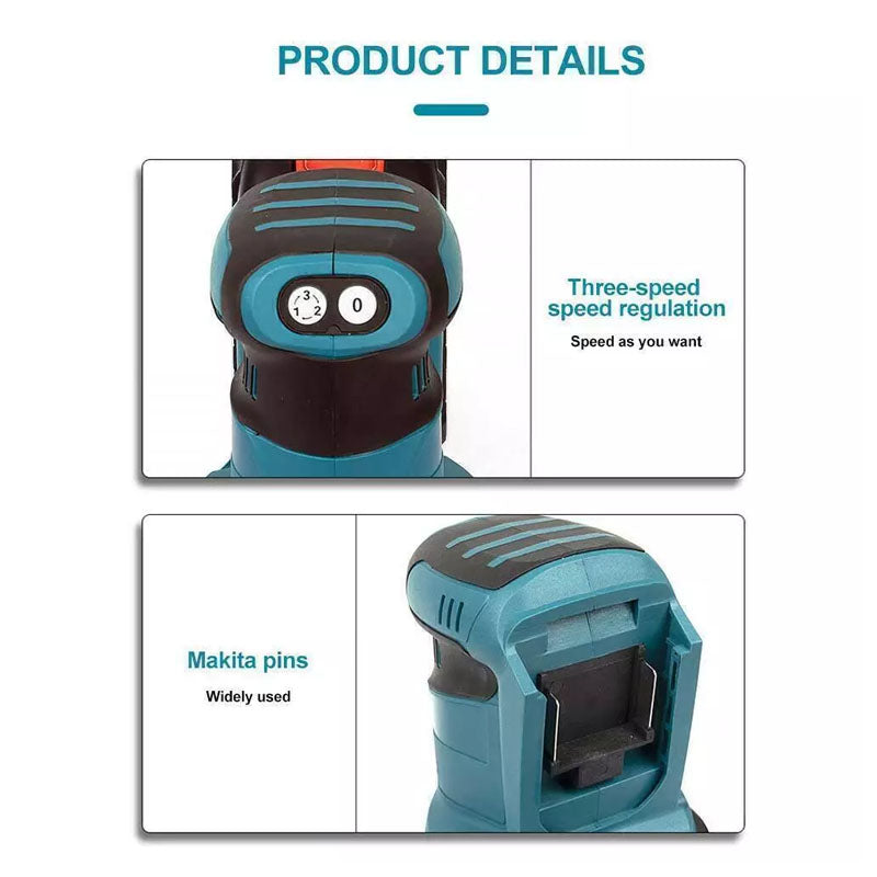 Orbital sander with Makita 18V battery slot visible