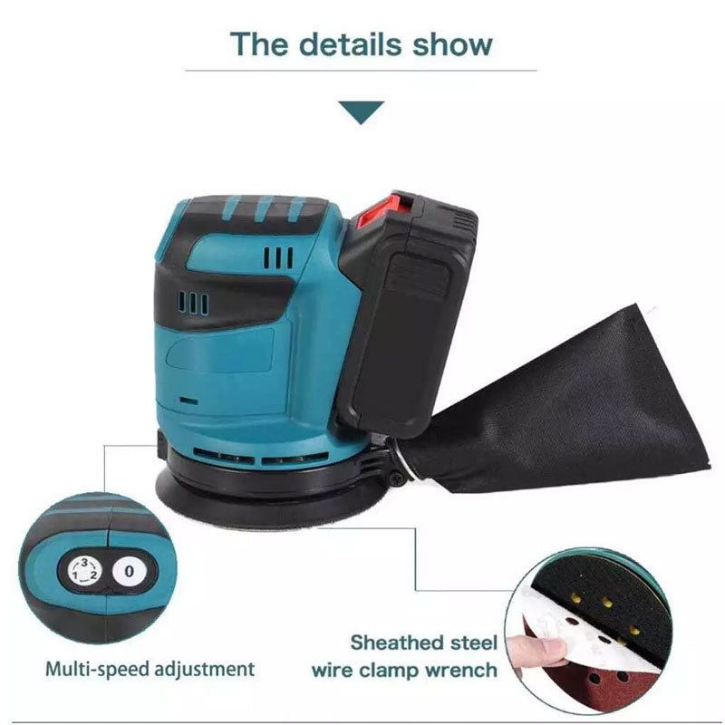 Orbital sander polishing wood surface in workshop