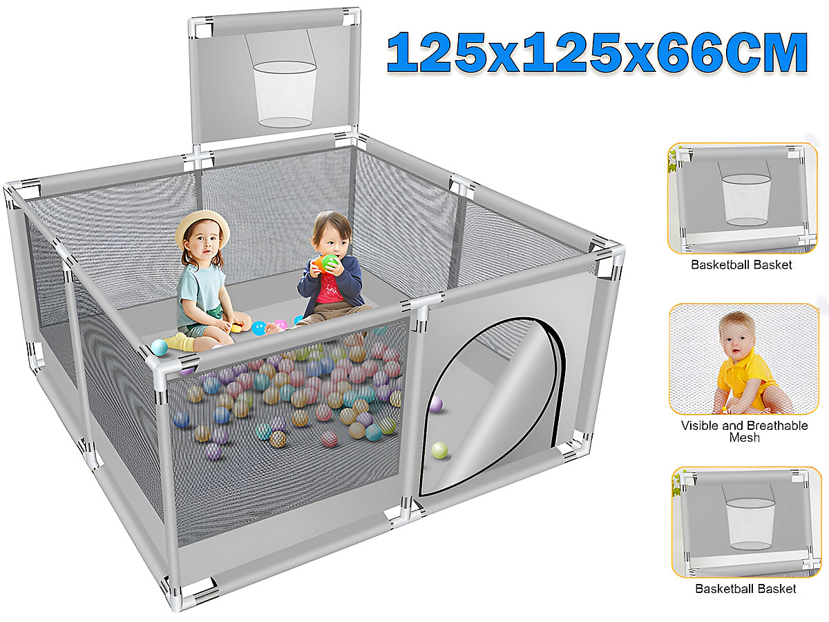 Zippered gate detail on portable playpen fence gate for easy access