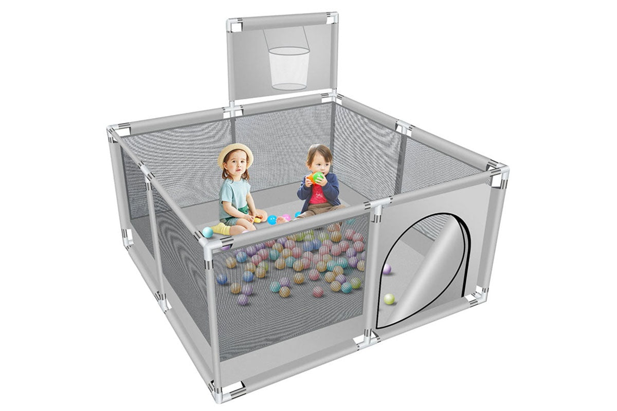 Close-up of breathable mesh panels on portable playpen fence gate