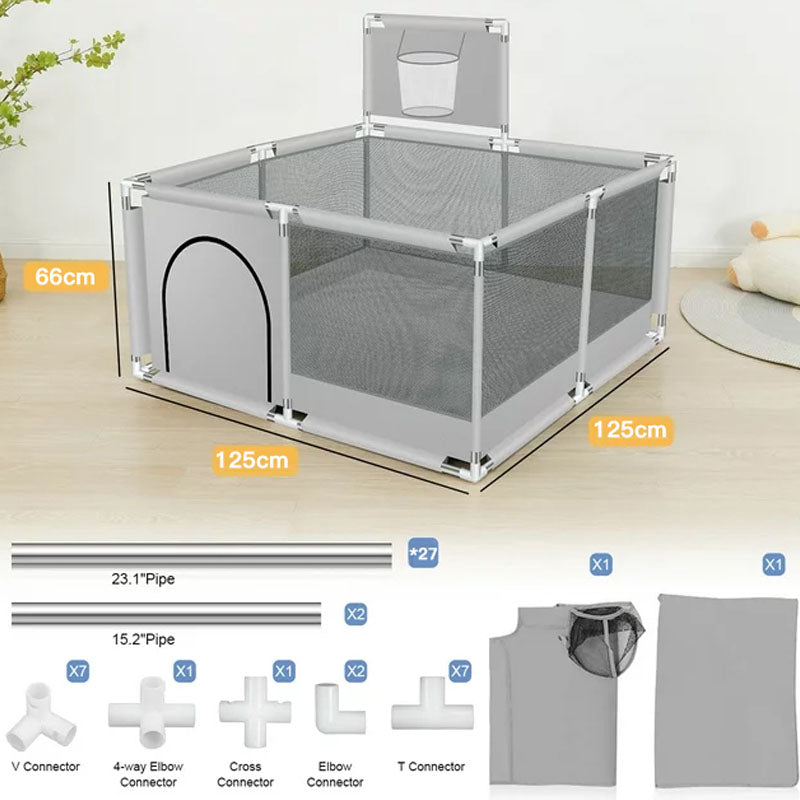 Built-in basketball hoop attached to portable playpen fence gate