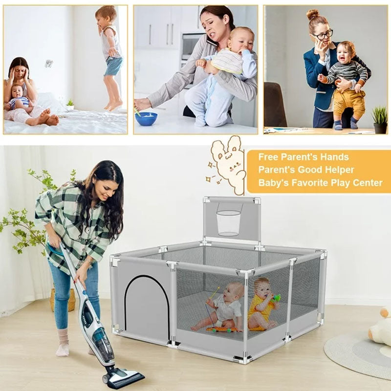 Wide view of 125cm by 125cm play area inside portable playpen fence gate