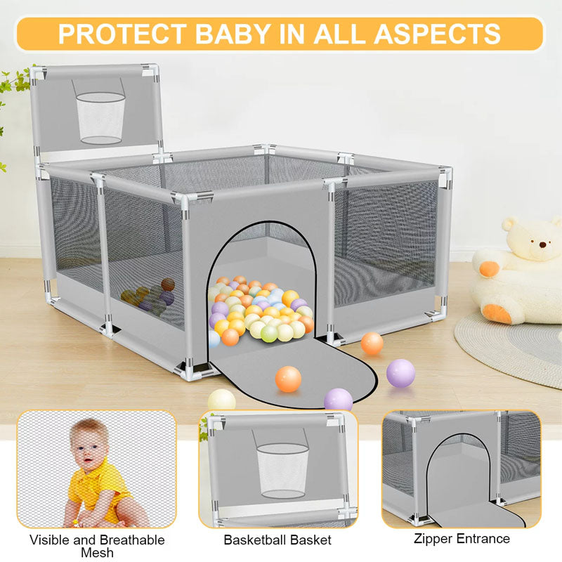 Side angle showing wear-resistant nylon fabric on portable playpen fence gate