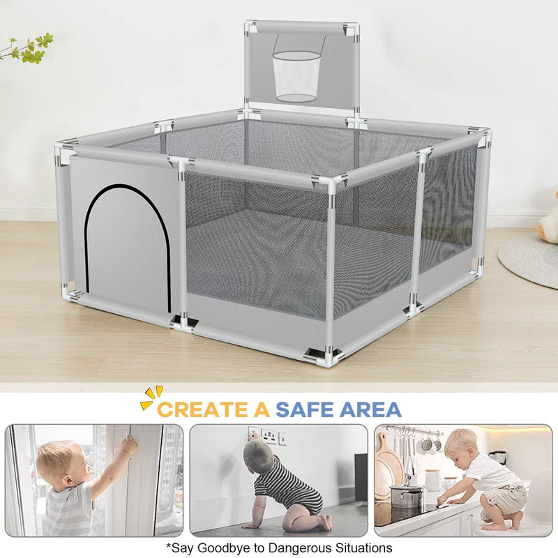 Portable playpen fence gate set up indoors with children playing