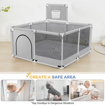 Portable playpen fence gate set up indoors with children playing