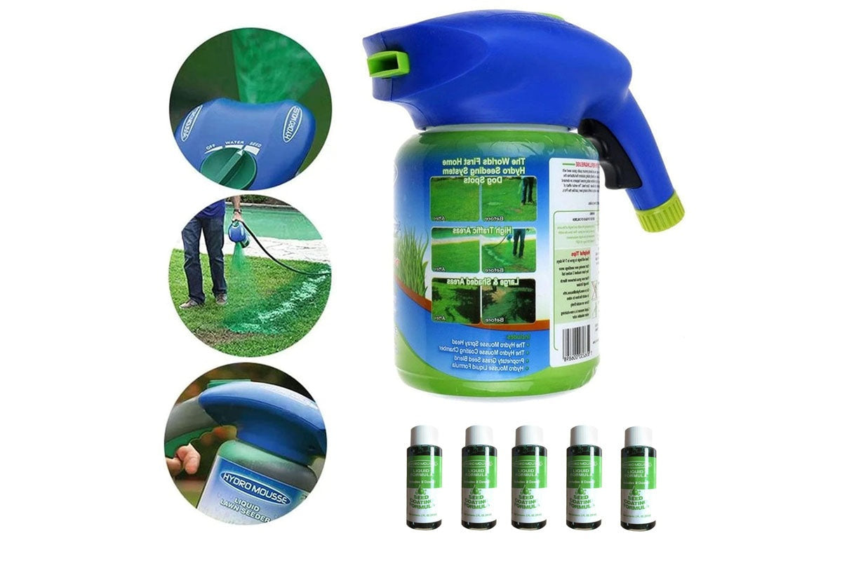 Close up of lawn sprayer nozzle for even seed and liquid spray