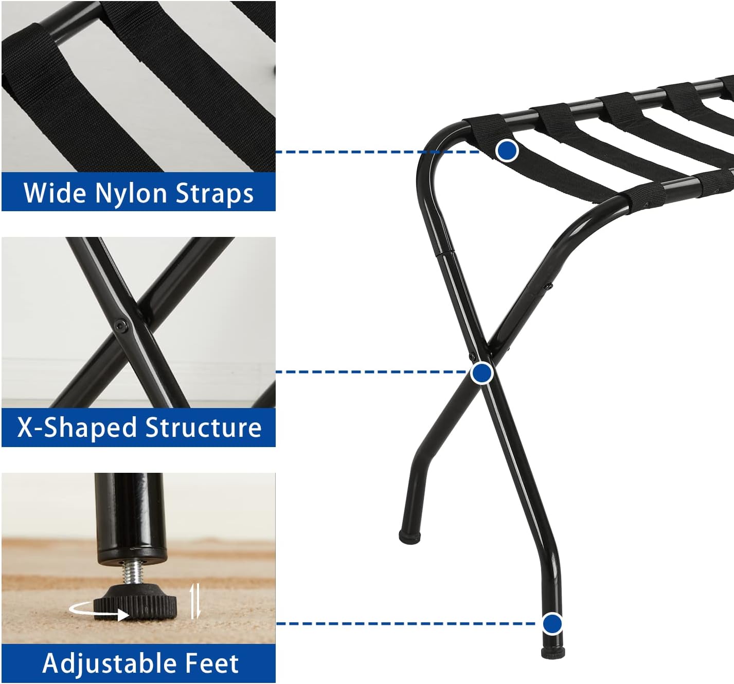 Adjustable feet detail on luggage rack suitcase stand