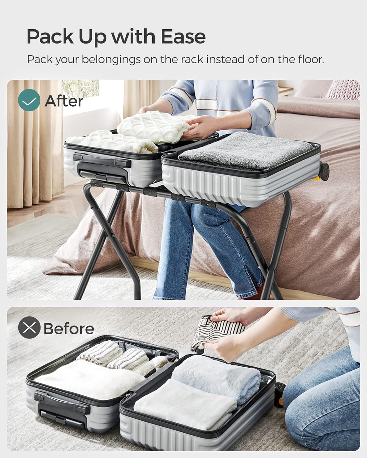 Luggage rack suitcase stand in a bedroom setting