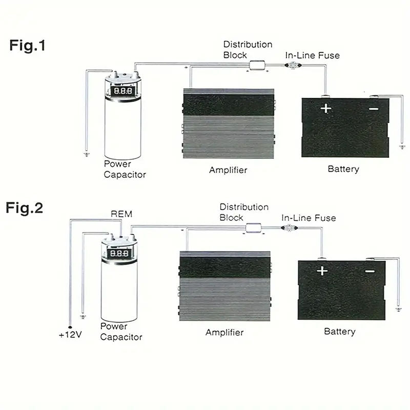Top view of car audio capacitor with warning indicator light