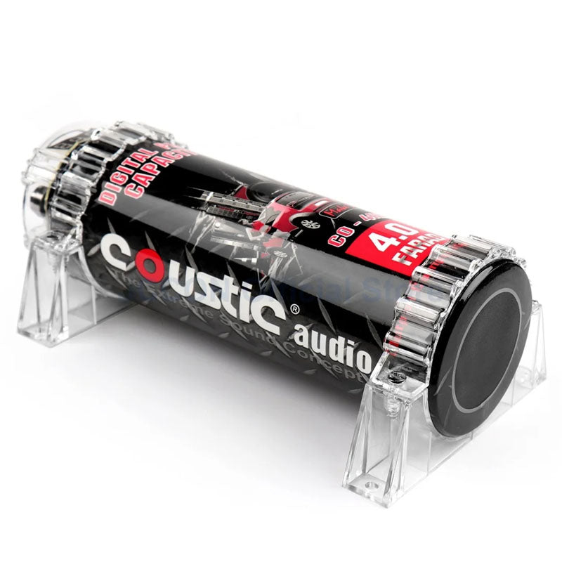 Digital display on car audio capacitor showing system voltage