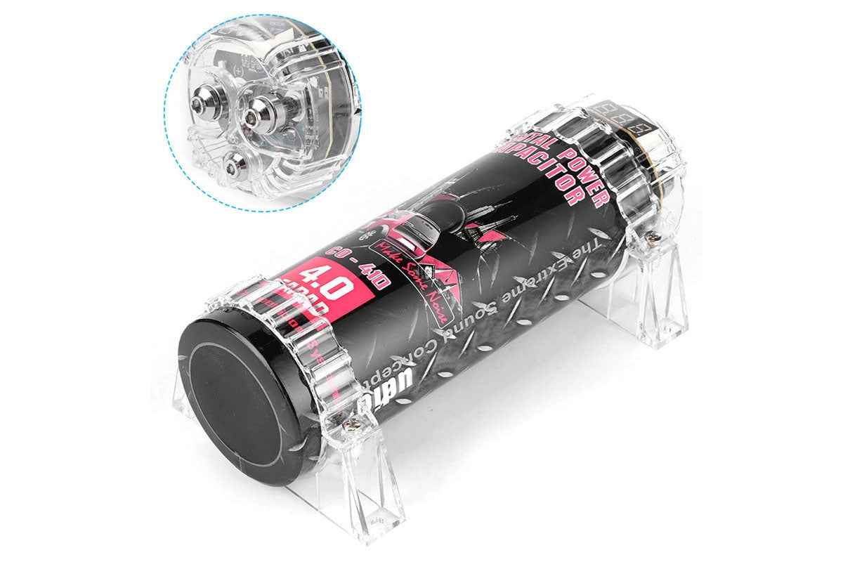 Side angle of aluminium alloy car audio capacitor showing mounting bracket