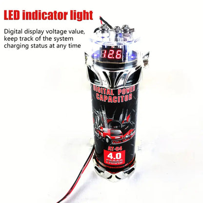 Installed car audio capacitor under subwoofer amplifier in vehicle