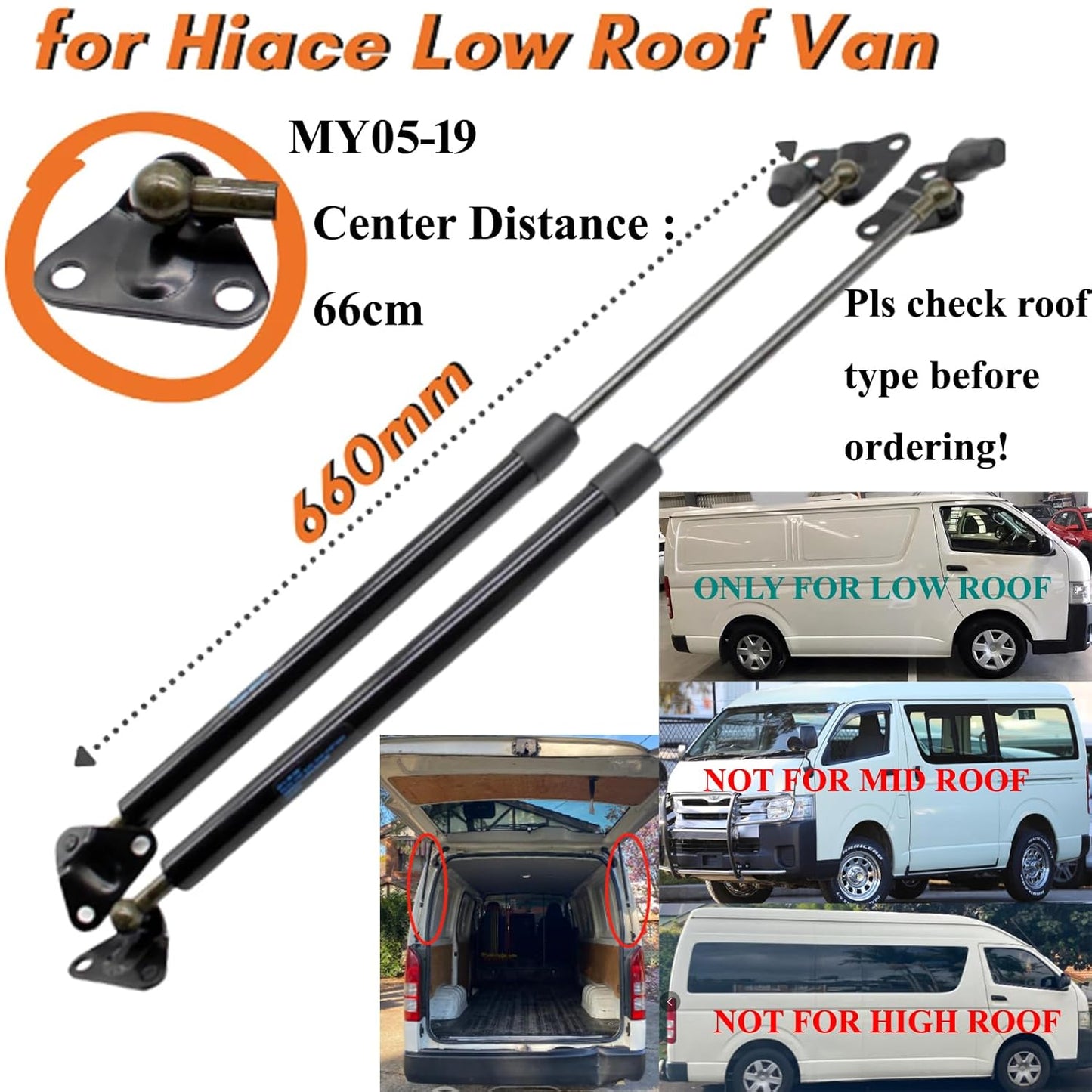 Rear placement of gas struts on Toyota Hiace low roof van tailgate