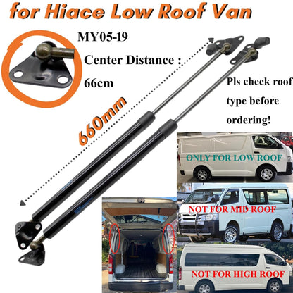 Rear placement of gas struts on Toyota Hiace low roof van tailgate