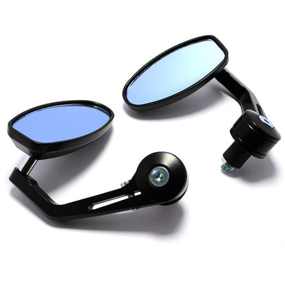 Universal bar end mirror reflecting rear view on street bike