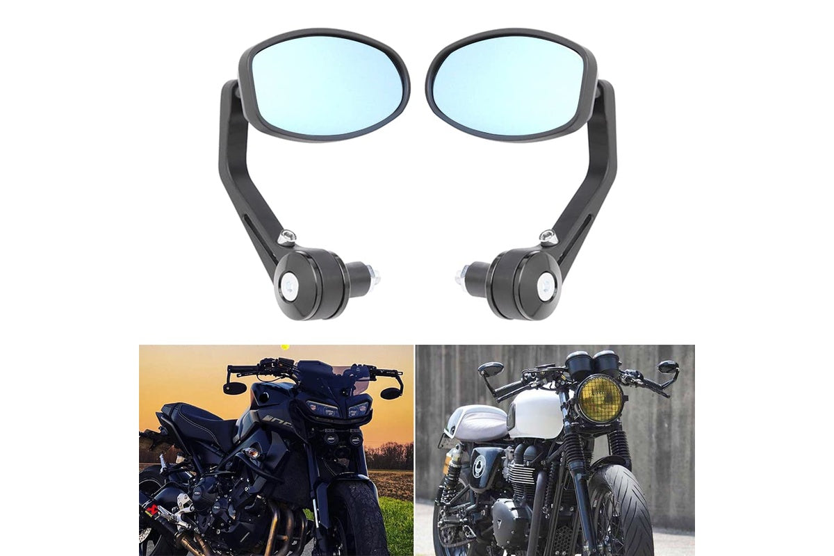 Close up of smoke blue glass lens on universal bar end mirror