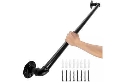 Side view of industrial pipe stair handrail showing mounting fittings
