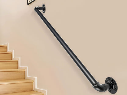 Black matte iron handrail installed on wooden indoor stairs