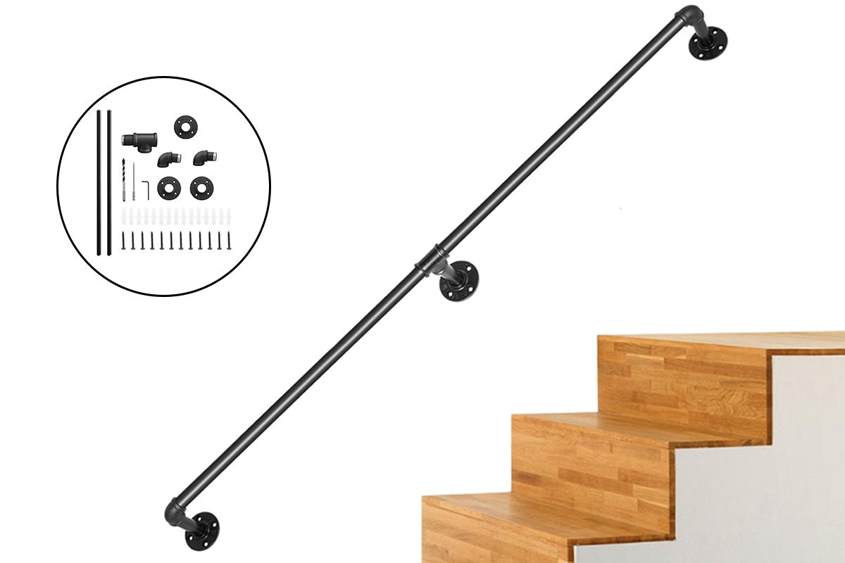 Close-up of black matte iron handrail mounting bracket