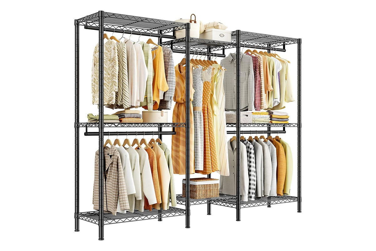 Close-up of black metal frame on wardrobe organizer clothes rack