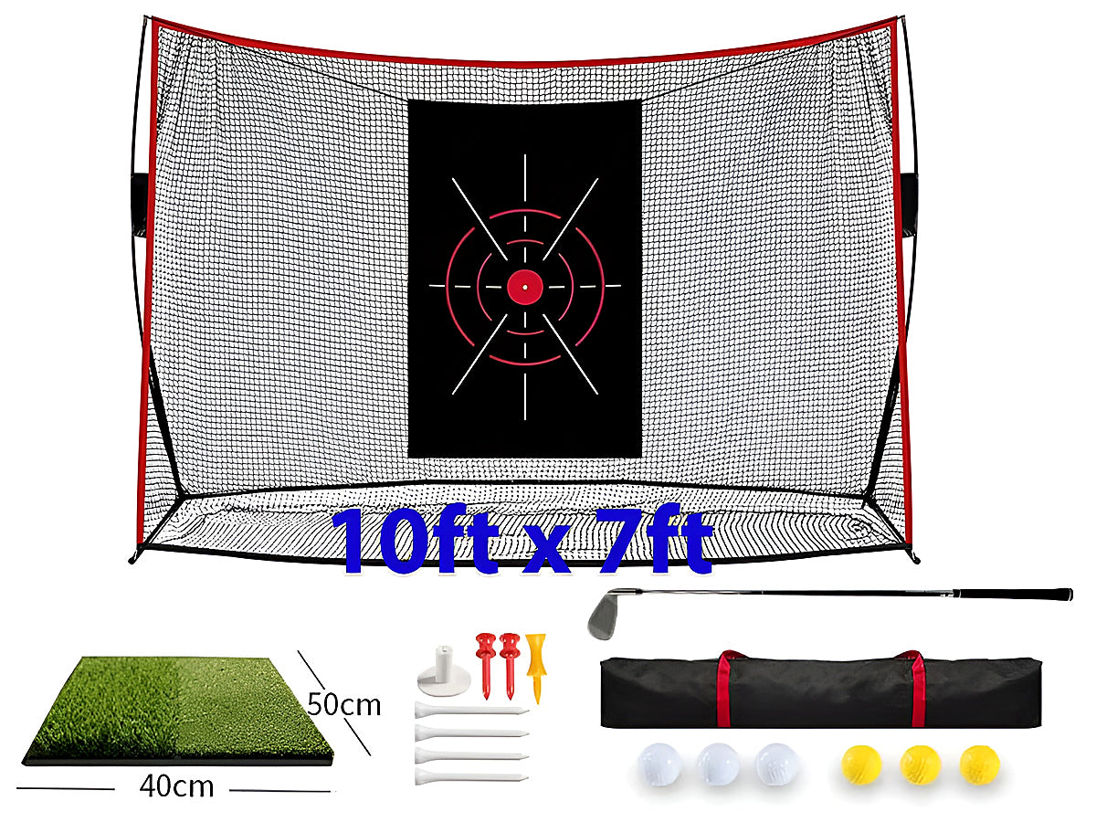 Side angle of golf practice net with sturdy fiberglass frame
