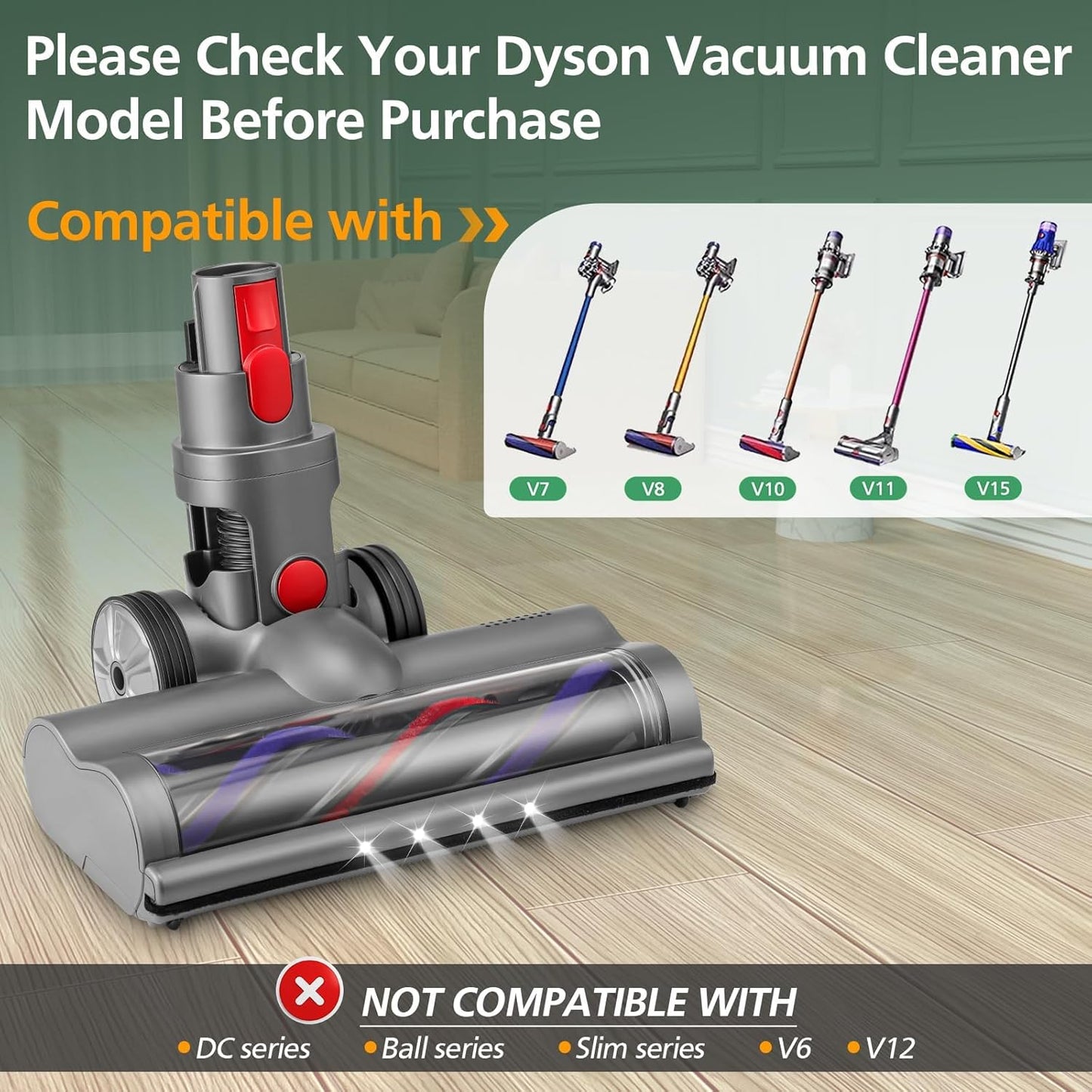 Side view of soft roller cleaner head rotating smoothly under furniture