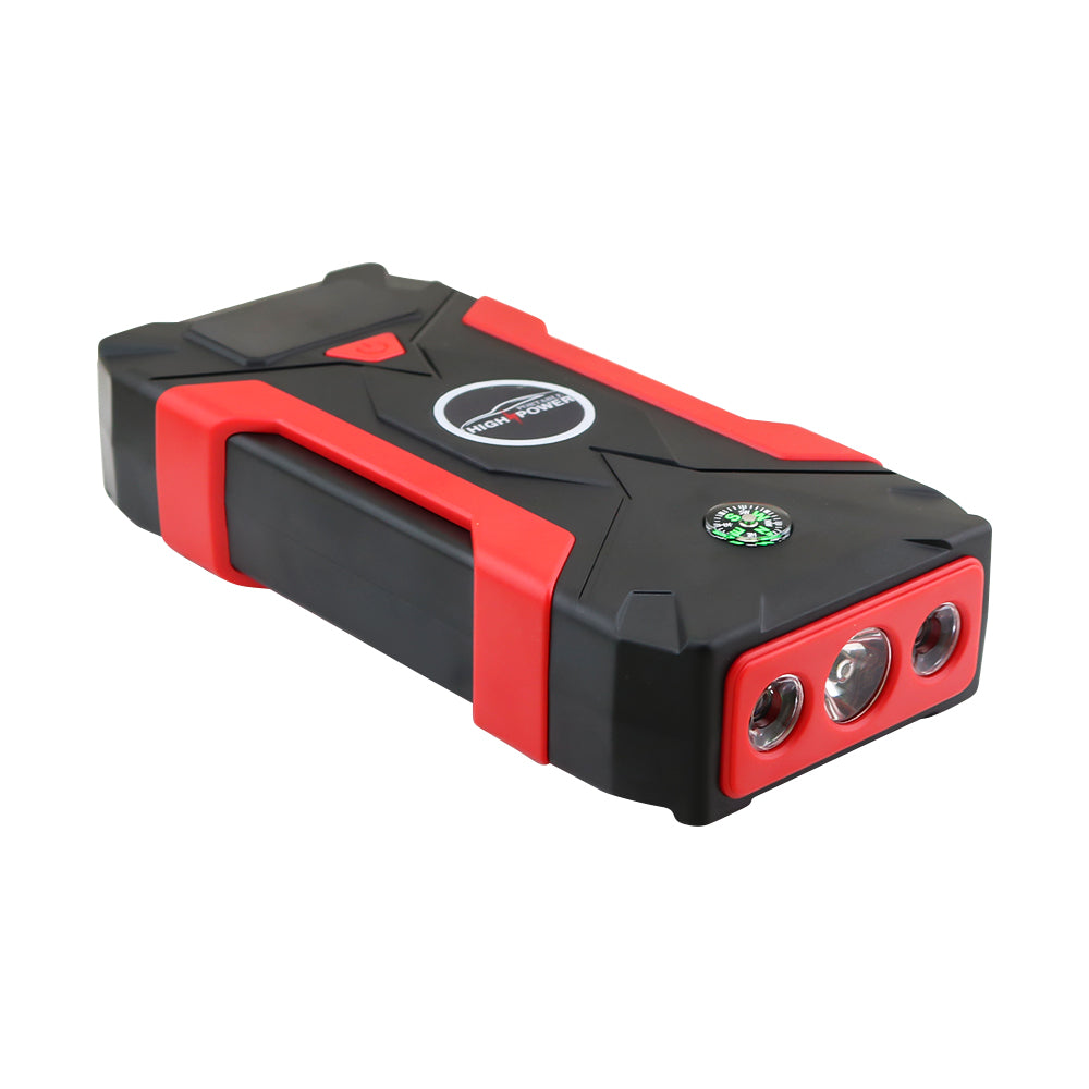 Close-up of car jump starter LCD display screen with battery level