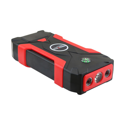 Close-up of car jump starter LCD display screen with battery level